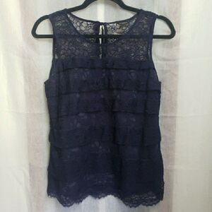 Ann Taylor Loft Womens Blue Layer Ruffles Tank Top Sheer Lace Bow Size S